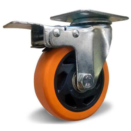Поворотное колесо с торм. оранжевая резина 100 мм