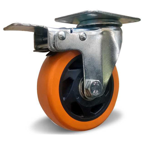 Поворотное колесо с торм. оранжевая резина 100 мм